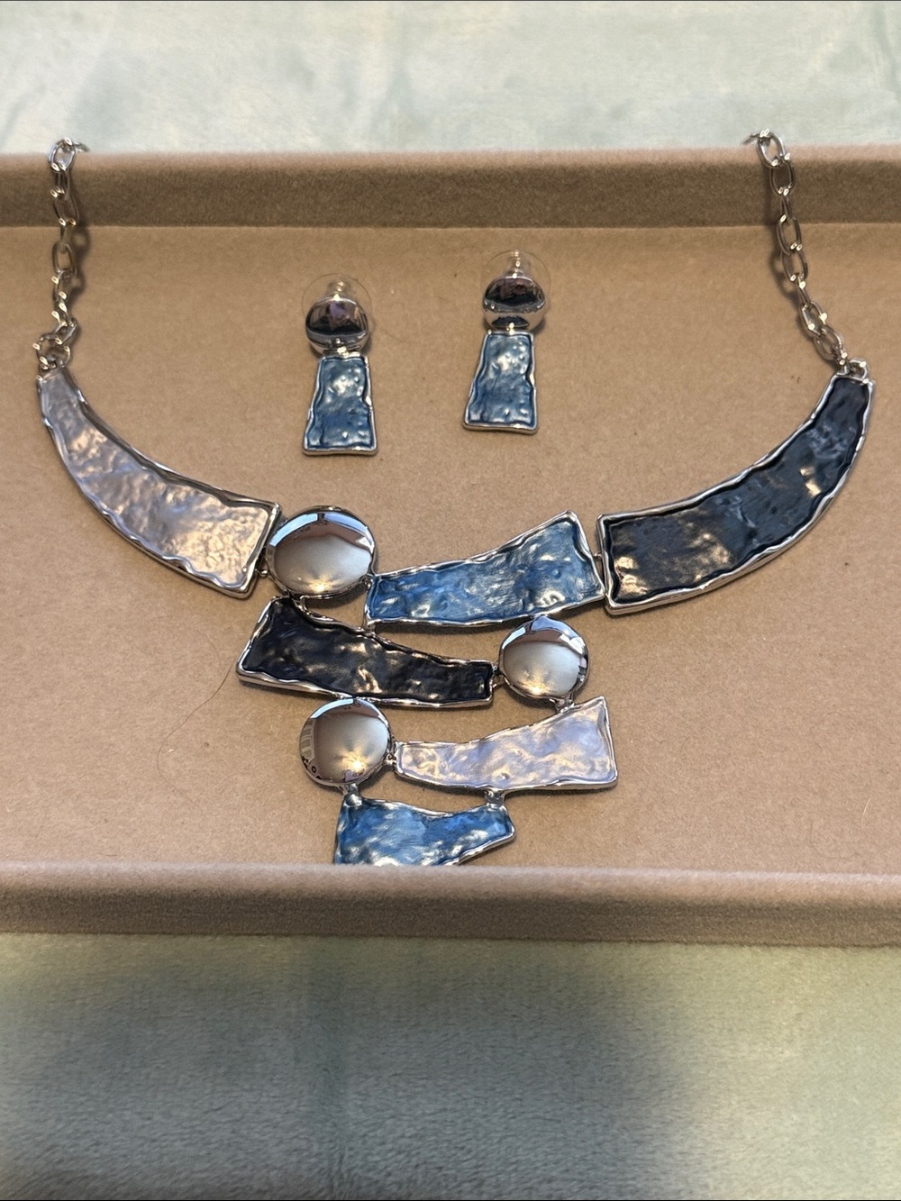 Blue and Silver Textured Statement Necklace and Earring Set